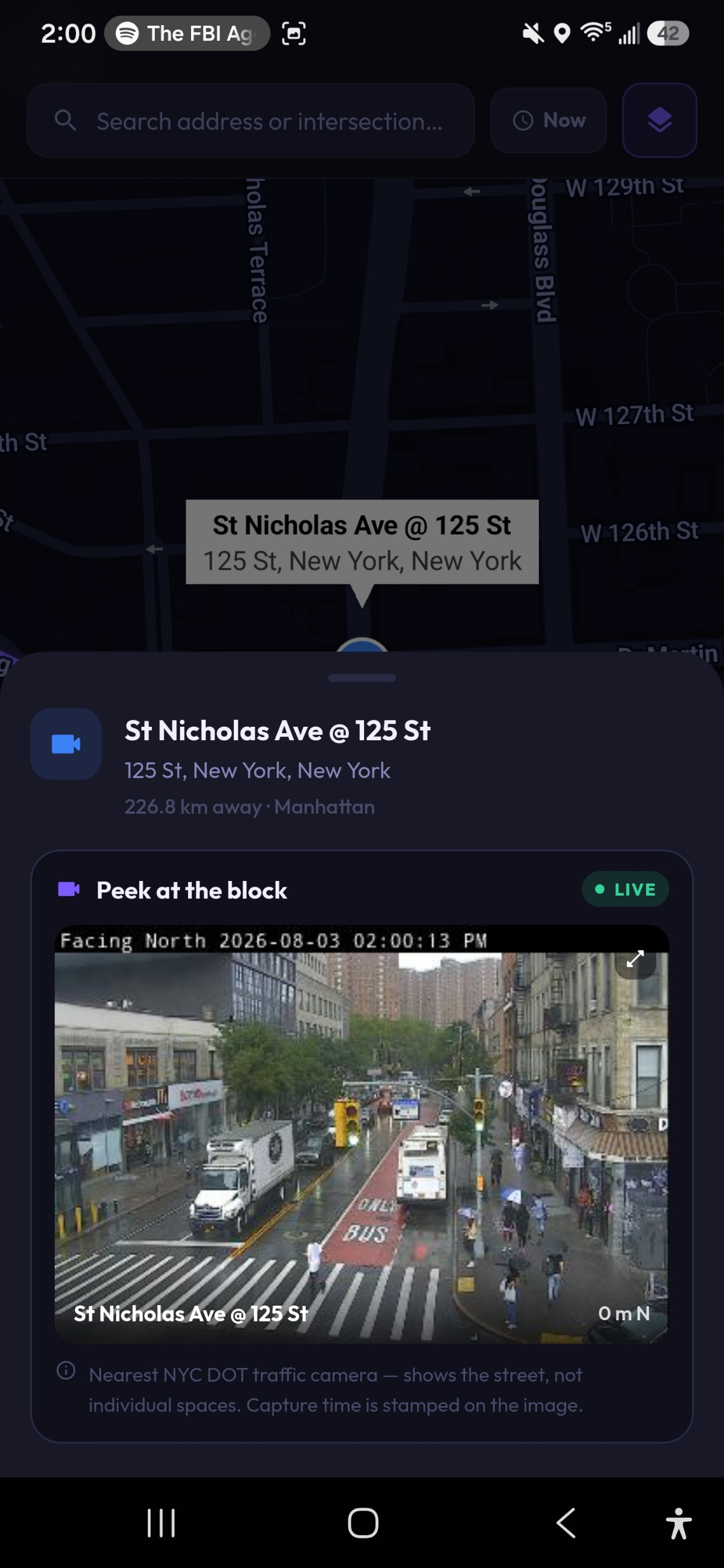 PRK Peek at the Block: live NYC DOT traffic camera view of a parking spot